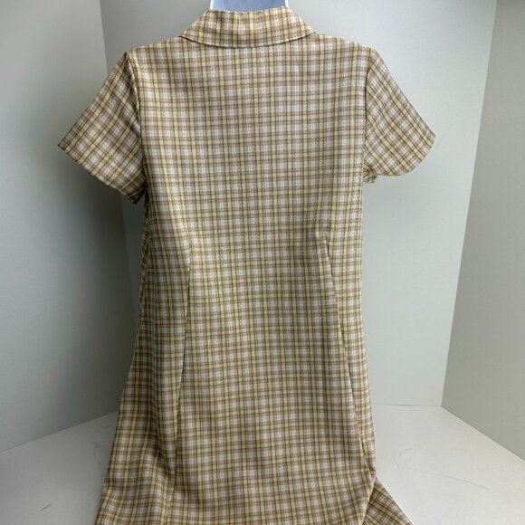 24 Colours Women Tan Green Checkered Mini Shift Dress Size Small 36 - Picture 3 of 6